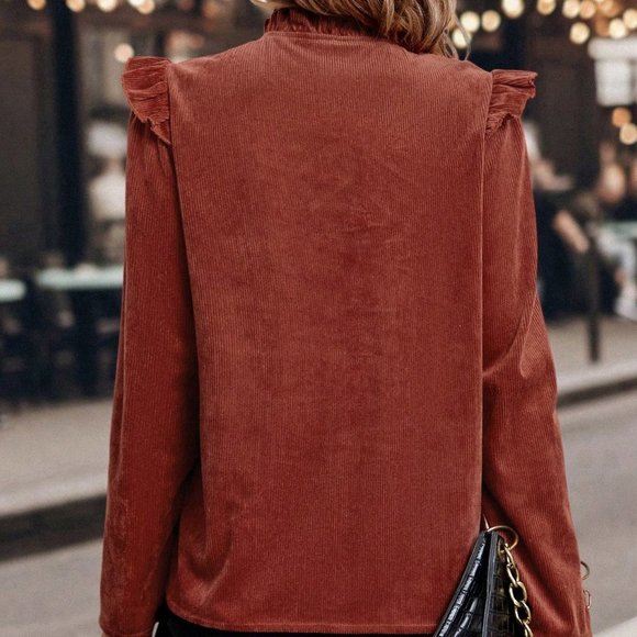 Red Preppy Womens Frill Neck Ruffle Trim Button Front Blouse - Picture 2 of 5